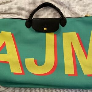 Longchamp Teal and Yellow Tote with Gold Accents